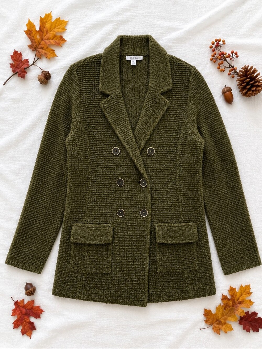 NWT Chico’s Size 1 Olive Green Textured Sweater Jacket Double Breasted - Picture 2 of 9